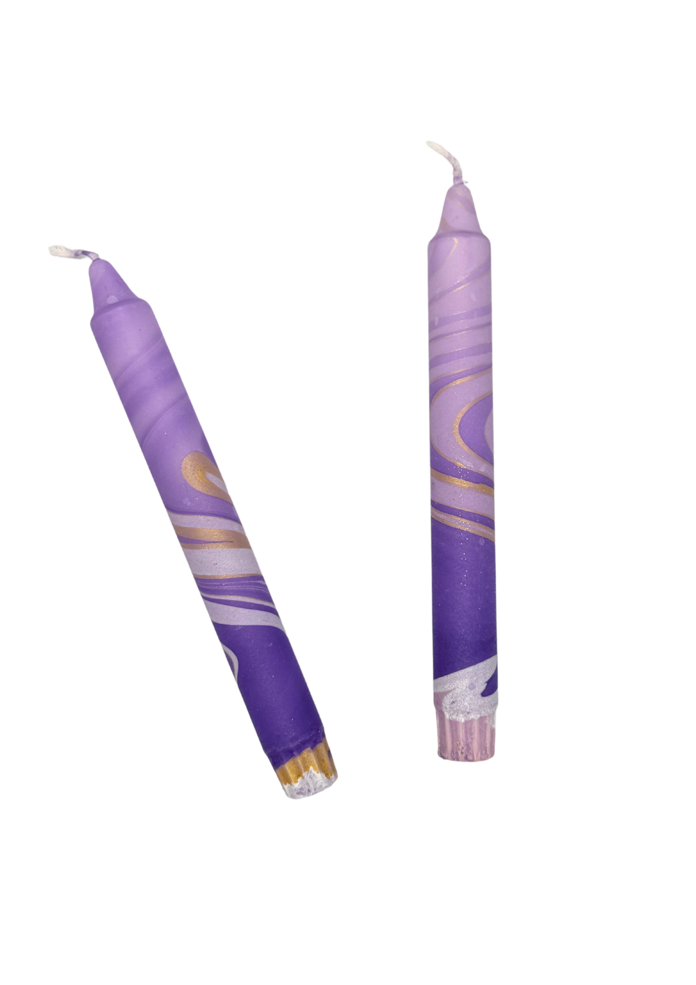 Marbled candles, set of 2, purple, gold, white