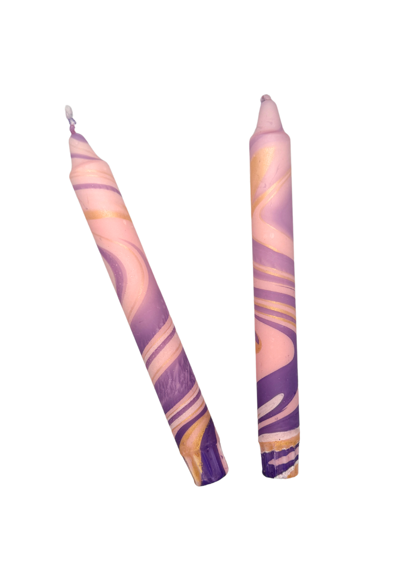 Marbled candles, set of 2, rose, purple, gold