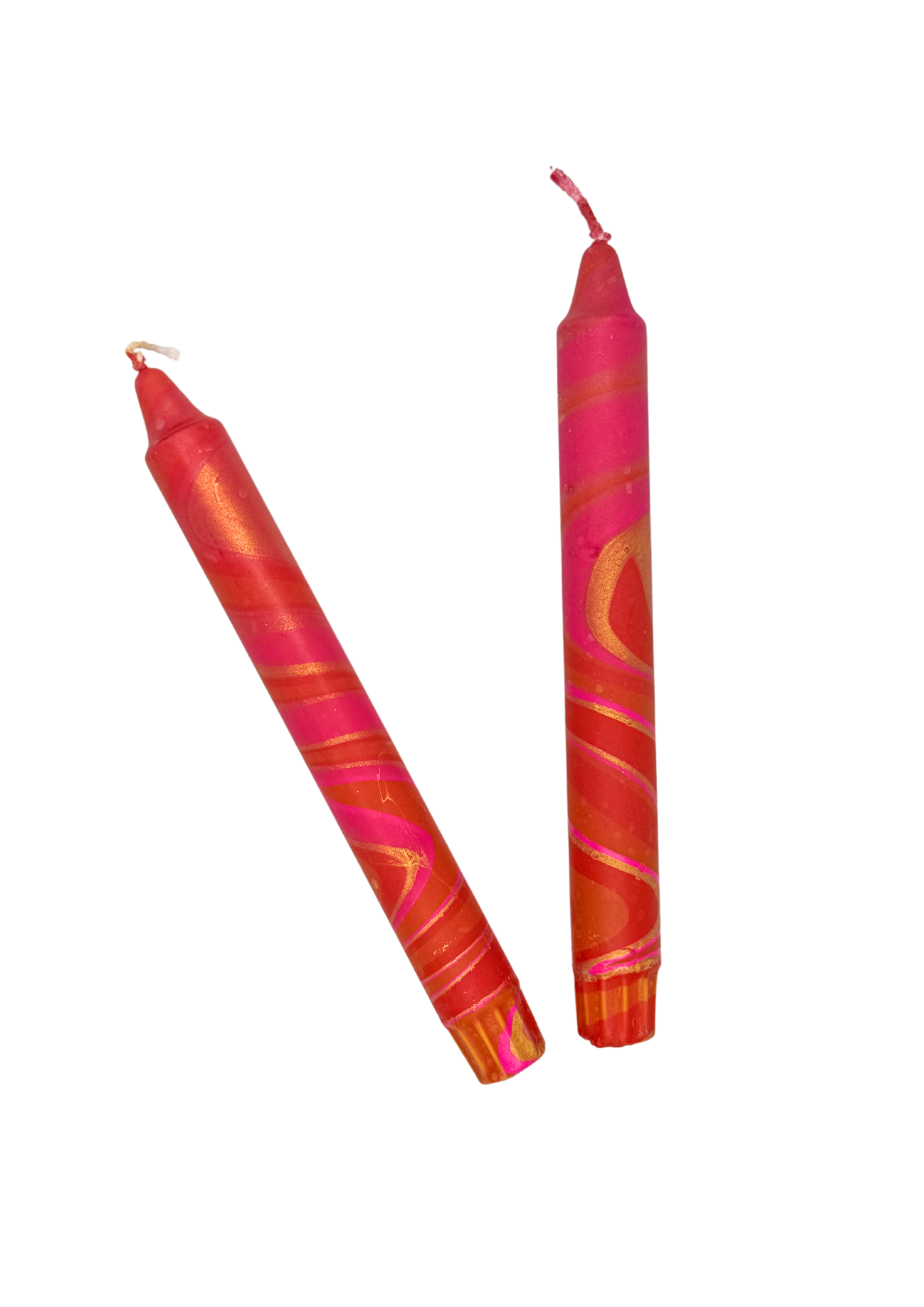 Marbled candles, set of 2, red, pink, gold