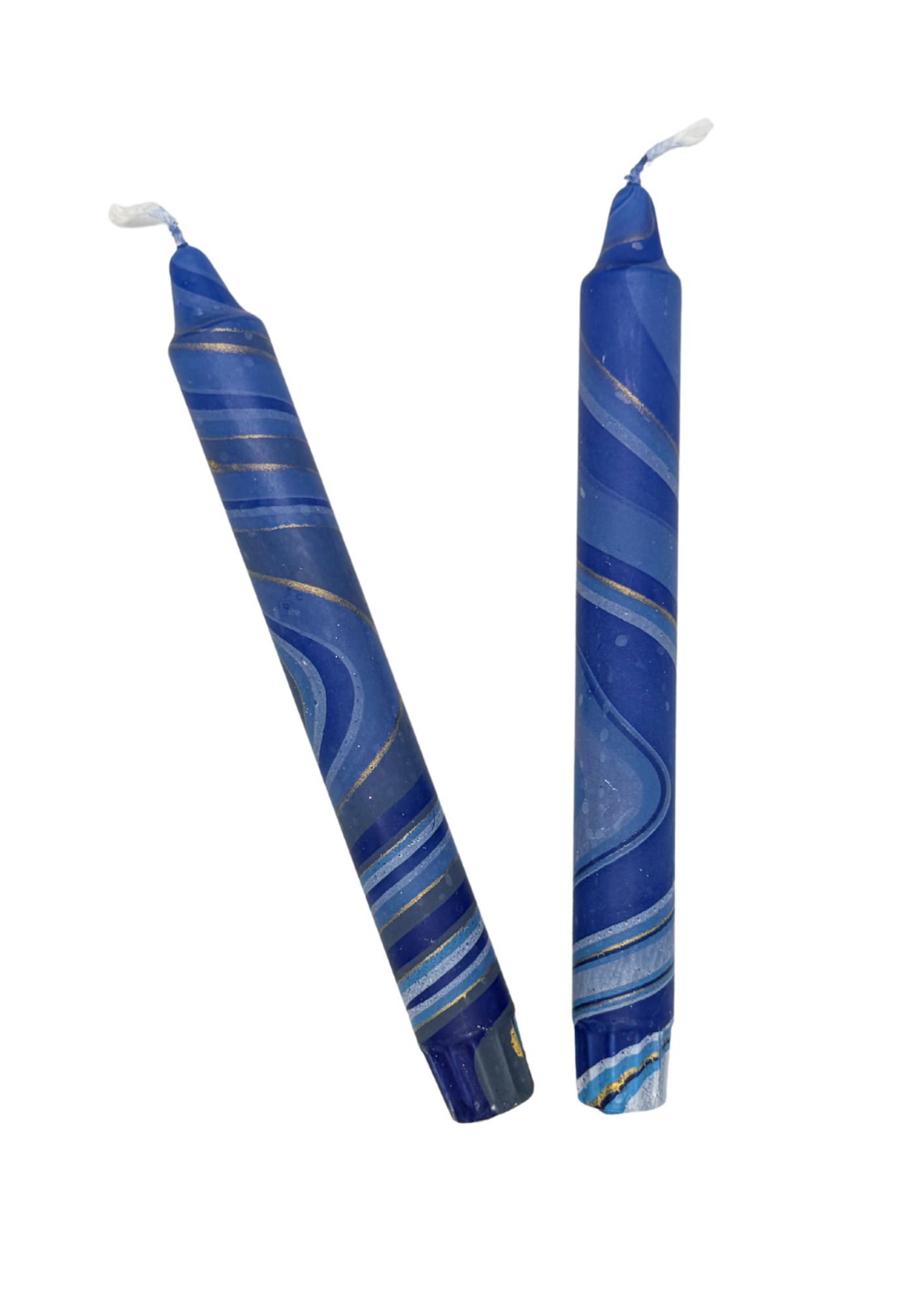 Marbled candles, set of 2, blue, petrol, gold