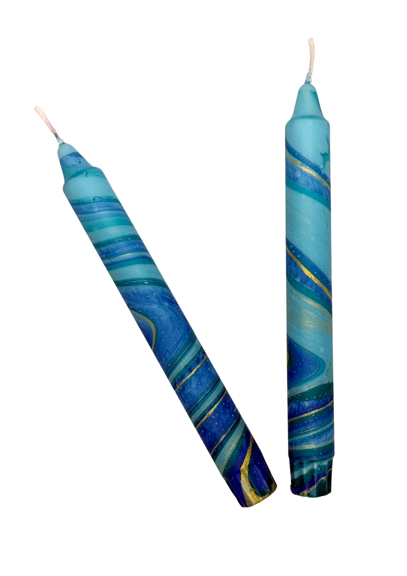 Marbled candles, set of 2, blue, gold