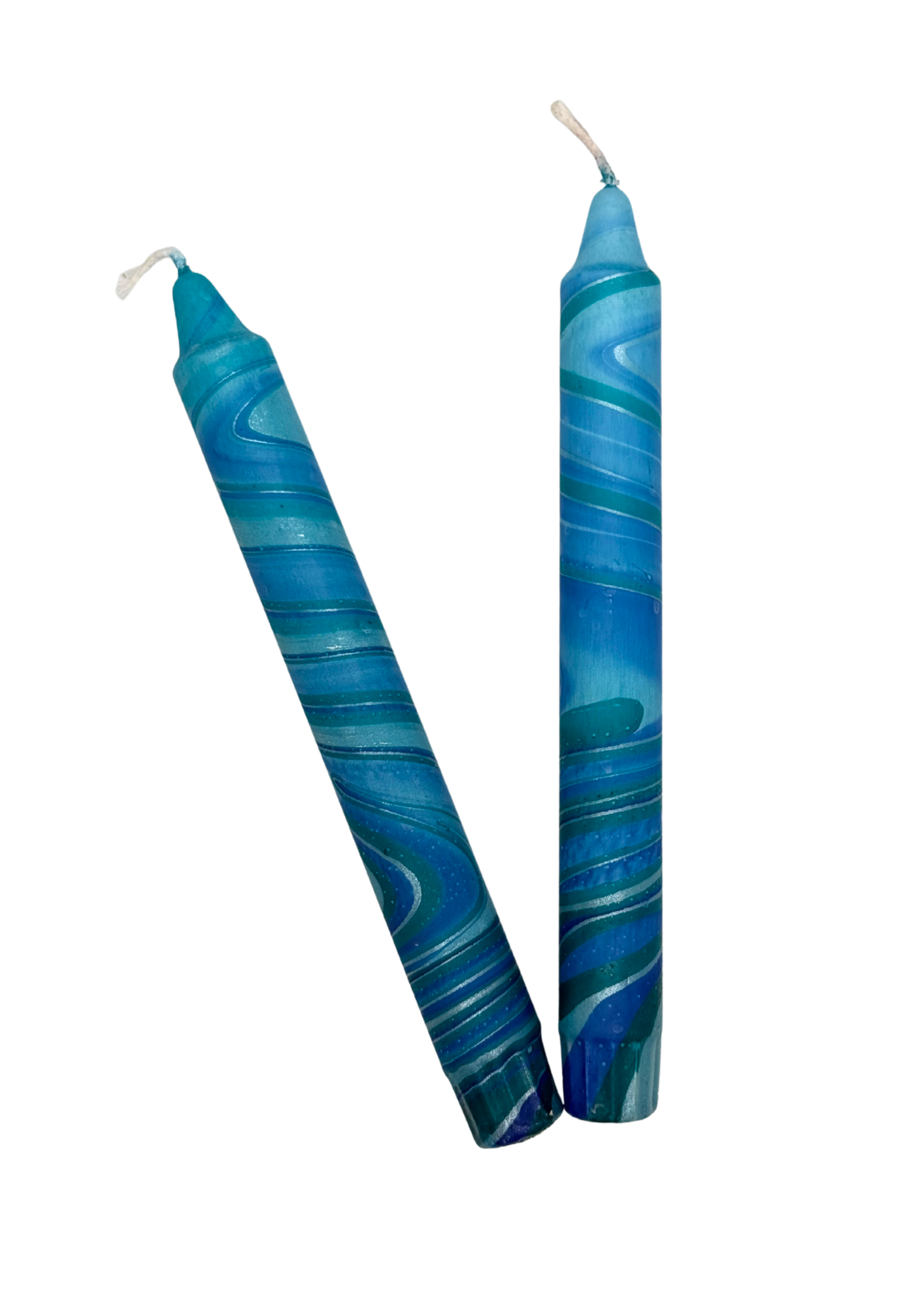 Marbled candles, set of 2, blue, silver