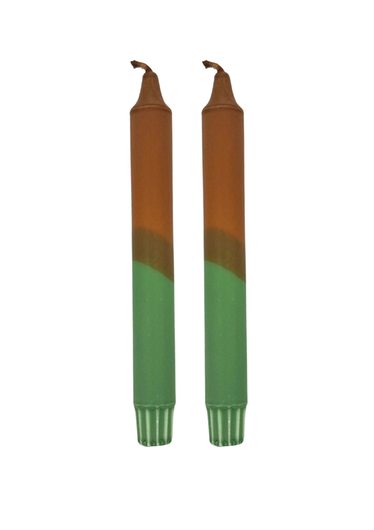 Autumn dip dye candles, set of 2, green/brown