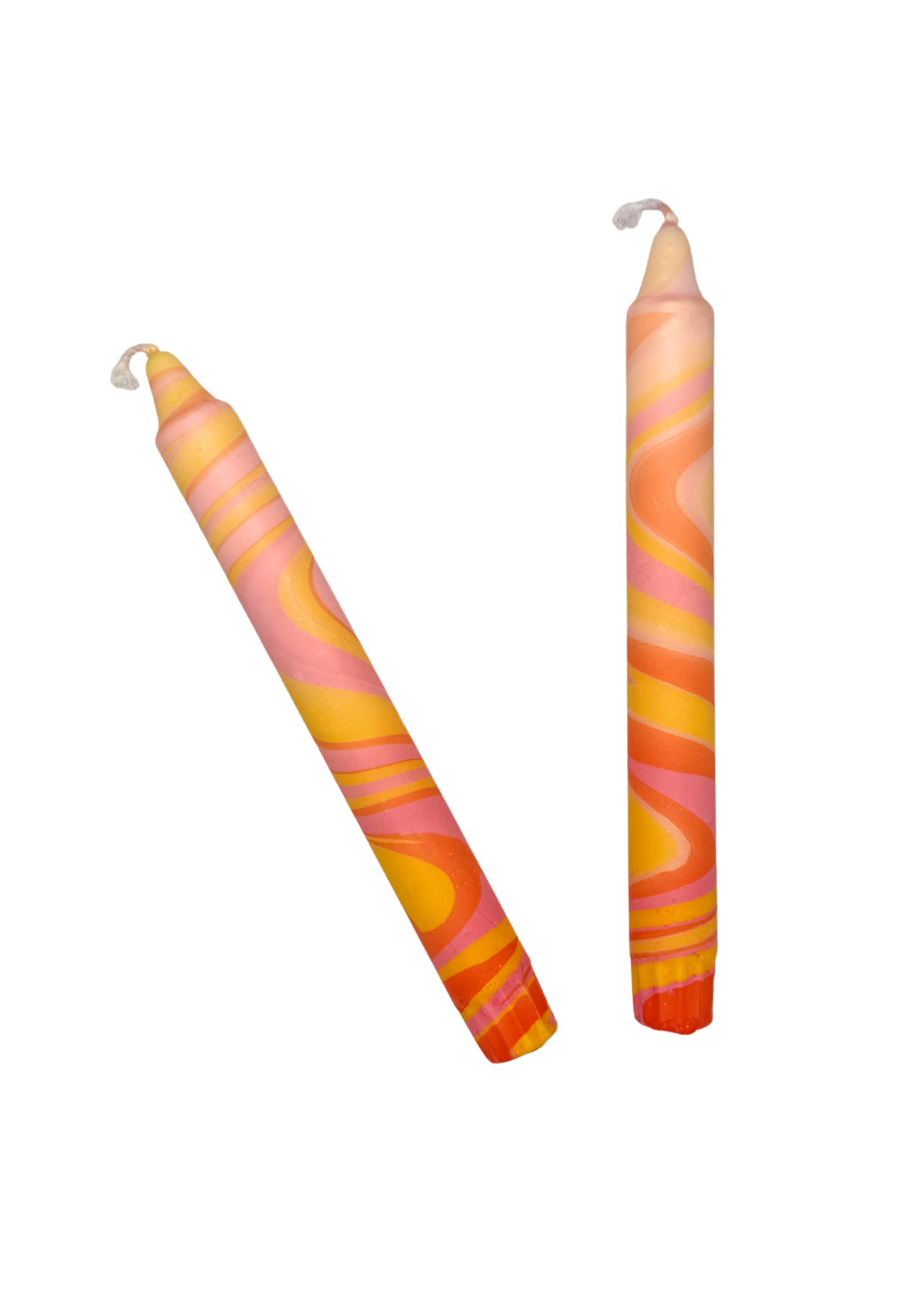 Marbled candles, set of 2, yellow, orange, pink