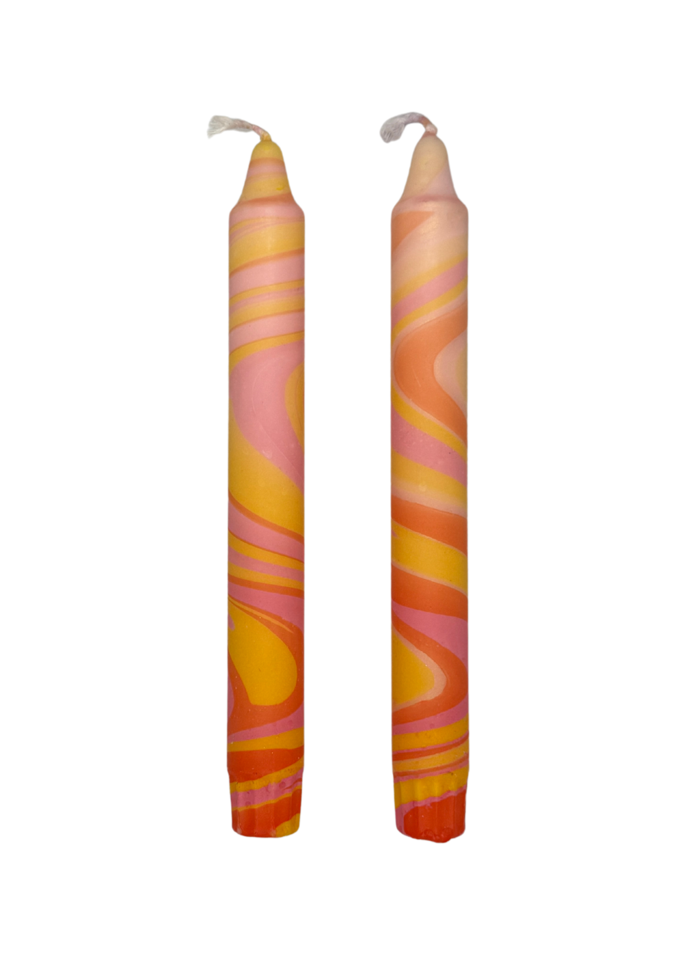 Marbled candles, set of 2, yellow, orange, pink