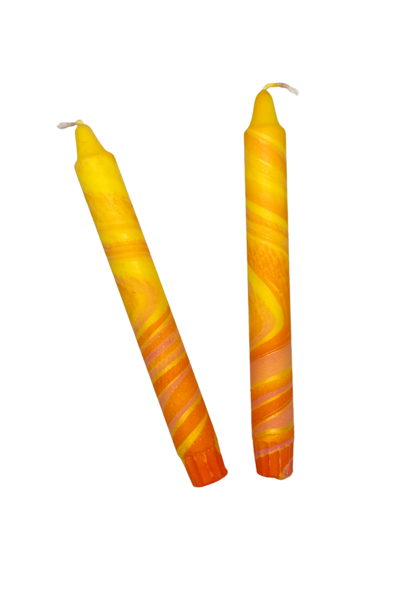 Marbled candles, set of 2, yellow, orange, gold