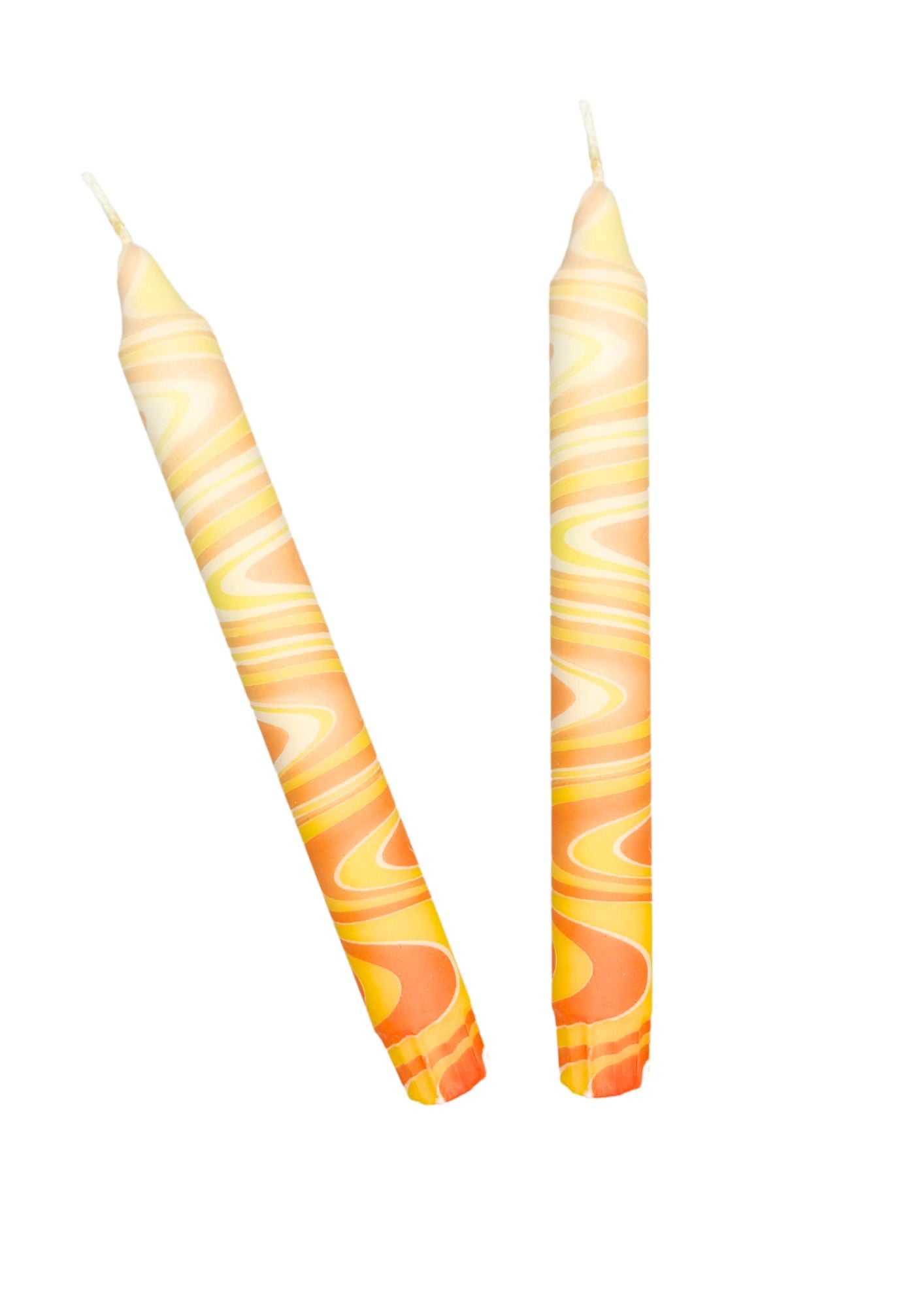 Marbled candles, set of 2, orange, yellow, white
