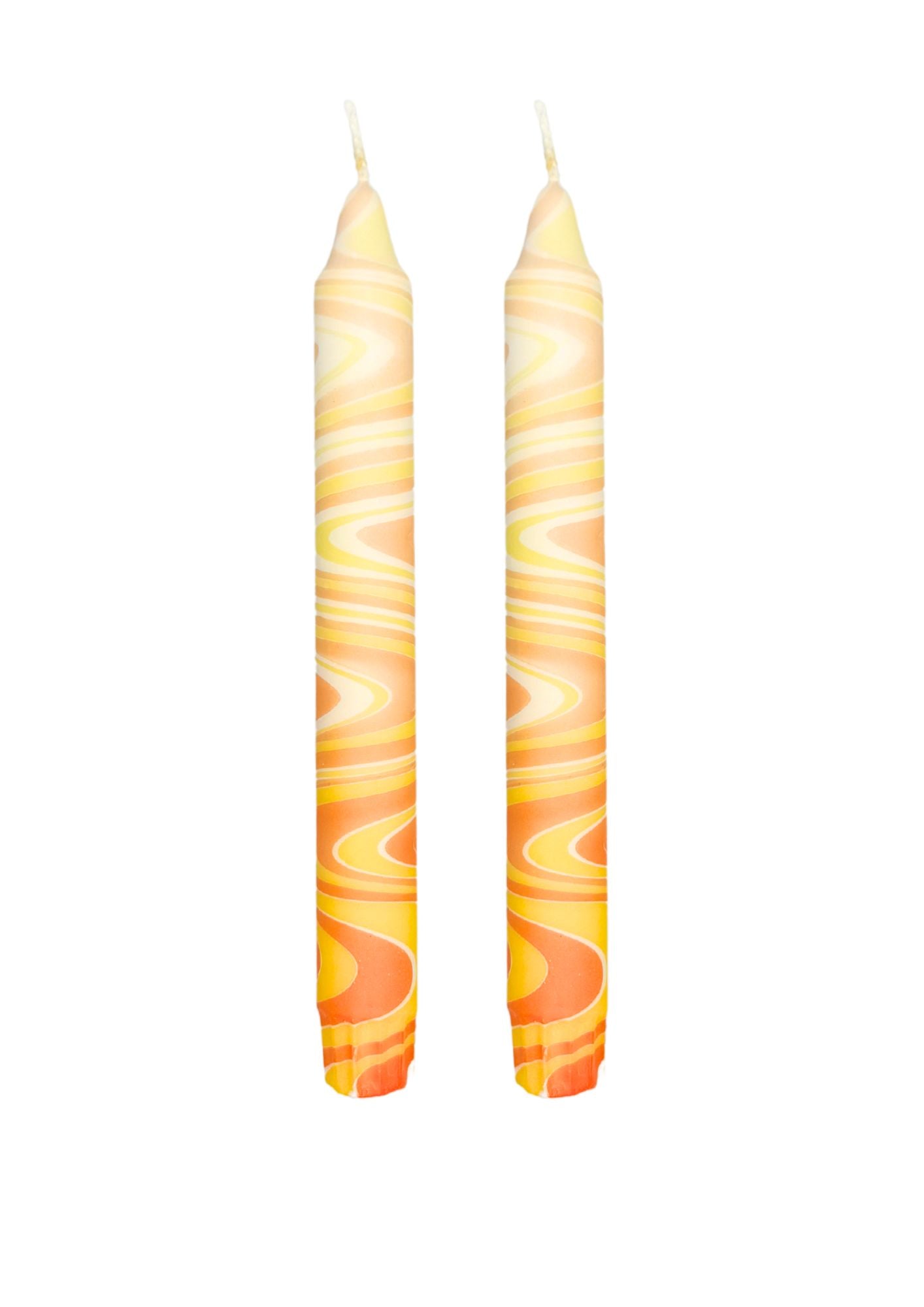 Marbled candles, set of 2, orange, yellow, white