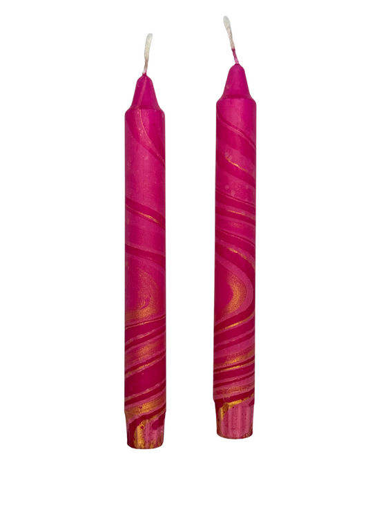 Marbled candles, set of 2, gold, pink
